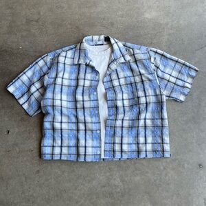 Blue and black plaid cropped boxy button up shirt